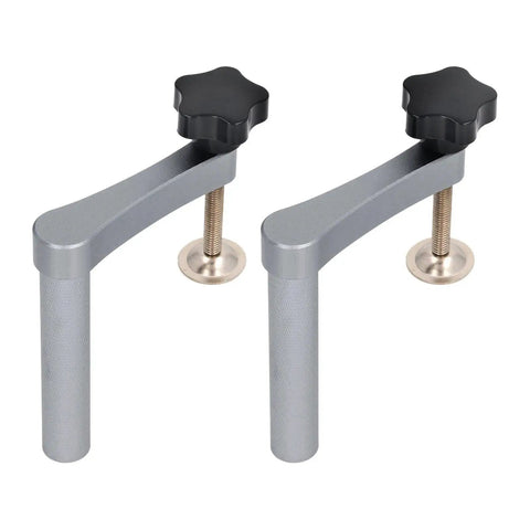 Two Pack Woodworking Bench Dog Clamp Set For DIY Projects, Heavy Duty Benchtop Quick Hold Down Clamps with black knobs.