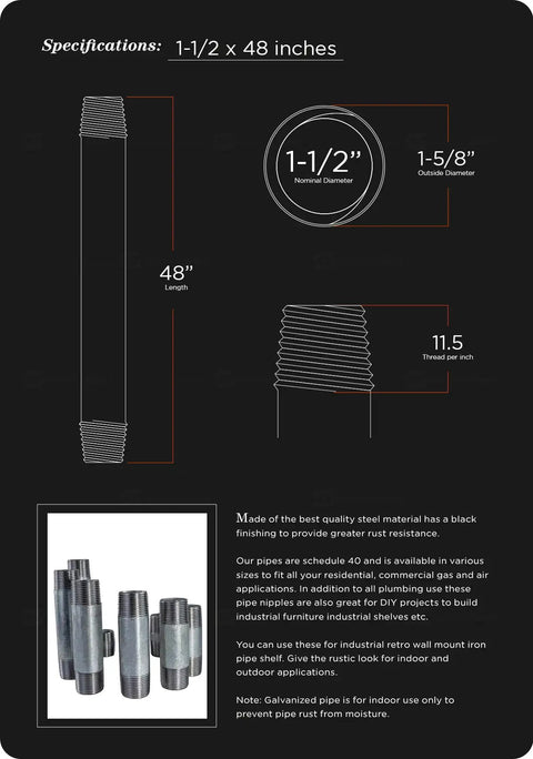 Top Shelf Heavy Duty Carbon Steel Pipe One Point Five Inches By Four Feet Pre Cut Schedule Forty Male Npt Threads