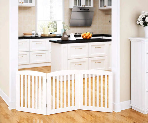Wooden Freestanding Foldable Pet Gate for Dogs 24 Inch High 3 Panels near kitchen doorway
