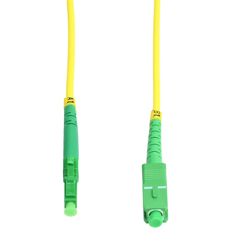 LC APC To SC APC Single Mode Fiber Optic Patch Cord Simplex 9/125 OS1 with green connectors and yellow LSZH jacket, front view