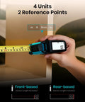 Hand holding Do It All Laser Distance Meter And Digital Tape Measure With 130 Ft Range 16 Ft Readout Tape showing measurements