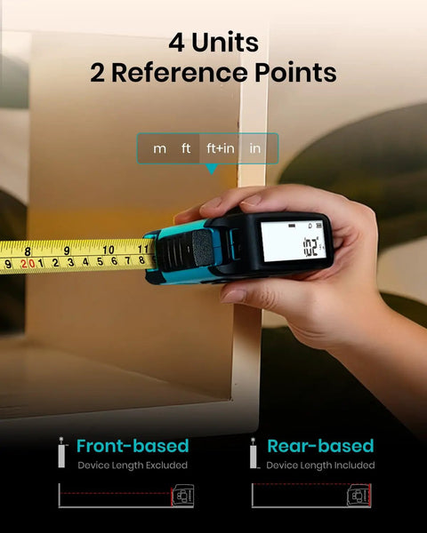 Hand holding Do It All Laser Distance Meter And Digital Tape Measure With 130 Ft Range 16 Ft Readout Tape showing measurements