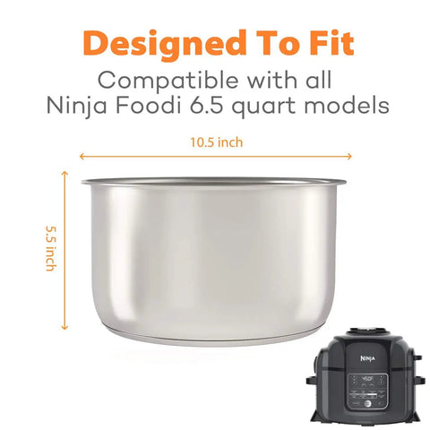 Stainless Steel Inner Pot Replacement Insert For Ninja Foodi 6.5 Quart, shown with dimensions 10.5 x 5.5 inches, compatible model image