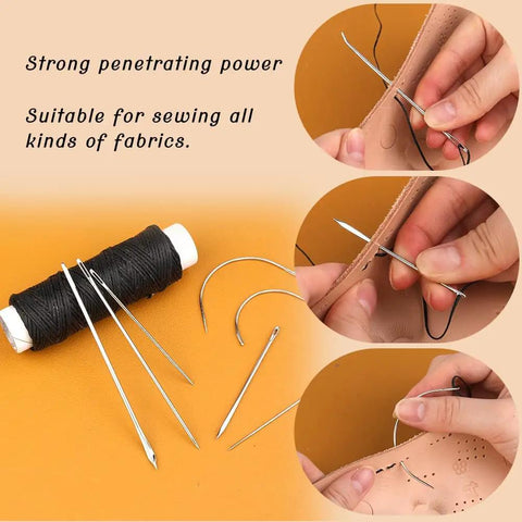 Waxed Thread Upholstery Kit With 32 Yards Of Durable Waxed Thread And 7 Hand Sewing Needles For Leather Canvas Carpet And Home Repair Projects Black For DIY Enthusiasts And More; images show black thread spool and sewing needles