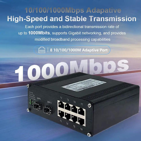 Beefy Industrial 8 Port Gigabit POE Plus Ethernet Switch With DIN Rail Mount, shown with 10/100/1000 Mbps ports and fiber slots
