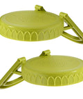 Wide Mouth Mason Jar Sprouting Kit Two Pack With BPA Free One Piece Lids And Built In Stand For Seed Germination Fits 3.38 Inch Wide Mouth Jars For Hands Free Sprouting And Quick Easy Rinse Drain, side view of green lids and stands