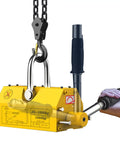Built Like A Tank Permanent Magnetic Lifter With Quick Release Lever Crushing Up To Two Thousand Two Hundred Pounds, yellow design, 1000kg capacity.