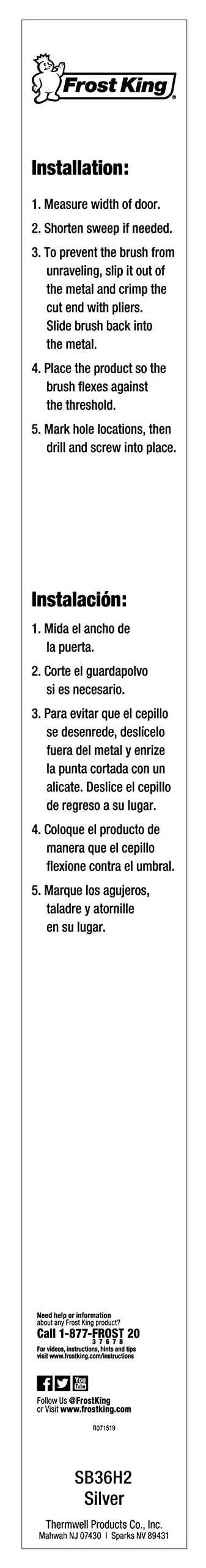 Installation instructions for Extra Brush Door Sweep Two Pack Keeps Drafts Out And Heat In Aluminum Silver Finish.