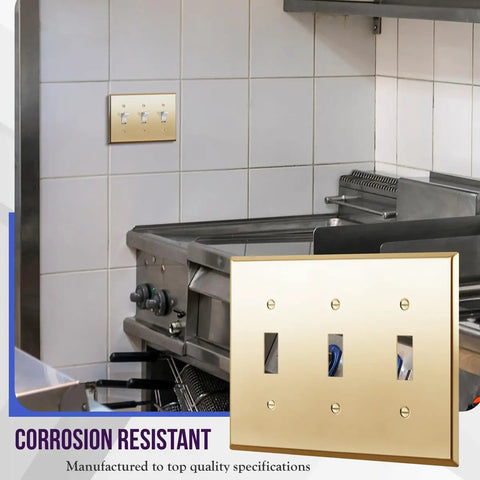 Toggle Light Switch Wall Plate, Metal 3-Gang 4.50 x 6.38 Inches, Brass Gold Finish installed in kitchen setting