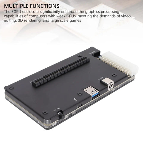 External GPU Dock EGPU Enclosure With PCIe 16x Slot And One Meter Cable top view showcasing ports and connectors.