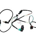 Complete Kick Start Wiring Harness Loom Kit For 50cc 70cc 90cc 110cc 125cc 140cc 150cc Pit Dirt Bikes Four Stroke Easy Install Heavy Duty Blue Wiring Harness Replacement Kit For Dirt Bike Enthusiasts And Mini Motocross Riders. Shown laid out with connectors and black wiring.