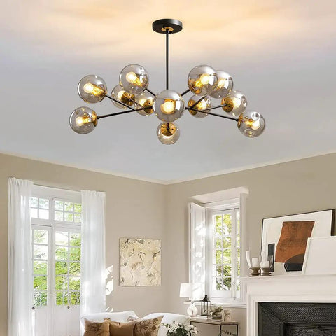 12 Light Globe Sputnik Chandelier with smoked glass in modern living room, suitable for high ceilings, contemporary fixture