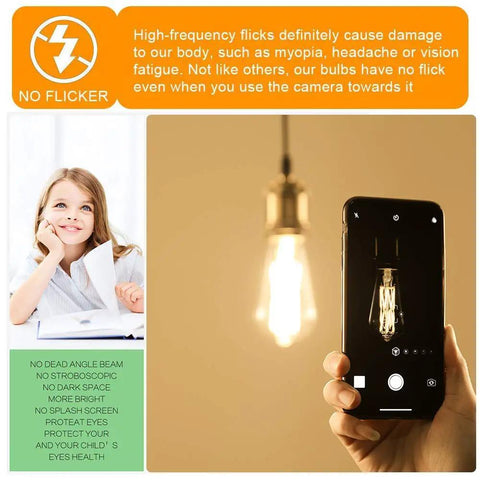 Old School Edison Style LED Bulb 10W Dimmable shown lit, demonstrating no flicker effect with phone camera in warm white 2700K E26 Base