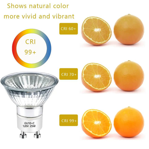 GU10 25 Watt Halogen Bulb 120V Replacement Warming Light showcases color accuracy with oranges and CRI ratings.