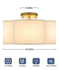 4 Light 14.4 Inch Semi Flush Mount Ceiling Light Fixture With Gold Brass Finish White Fabric Shade dimensions diagram