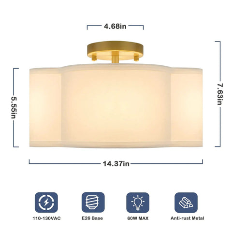 4 Light 14.4 Inch Semi Flush Mount Ceiling Light Fixture With Gold Brass Finish White Fabric Shade dimensions diagram