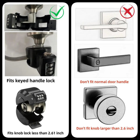 Door Lever Lockout Device With Code Lock No Key Needed Privacy For Bedroom From Outside Only Fits Long Connecting Shaft 1.1 To 1.26 Inches Measure Before Order shown fitting different door handles