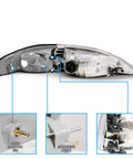 AmeriLite gun-metal Mustang headlight assembly (1994-1998) side view with body locator pin, mounting studs, adjuster screws.