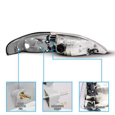 AmeriLite gun-metal Mustang headlight assembly (1994-1998) side view with body locator pin, mounting studs, adjuster screws.