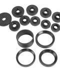 Master Wheel Bearing Removal Tool And Installer Kit With Self-Centering Design components laid out, showing circular and ring adapters.
