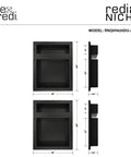 Quad Niche Recessed Shower Shelf Black With Four Inner Shelves, 32 Inch Wide By 20 Inch High By 4 Inch Deep, side and front view.