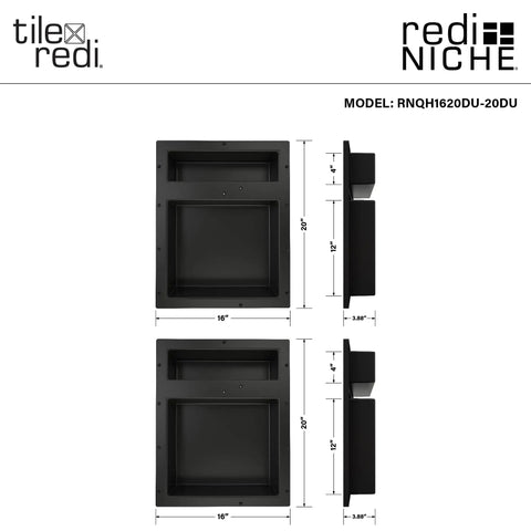 Quad Niche Recessed Shower Shelf Black With Four Inner Shelves, 32 Inch Wide By 20 Inch High By 4 Inch Deep, side and front view.