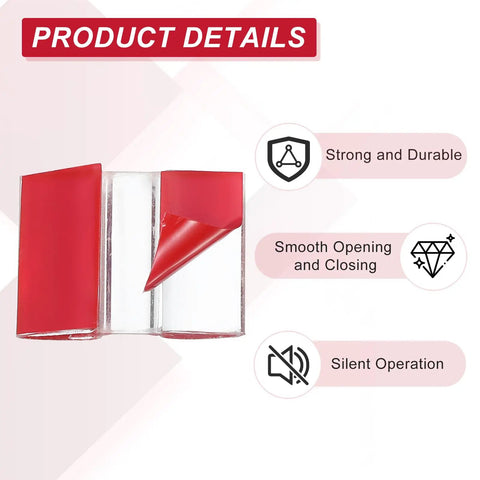 Clear Acrylic Hinges With Super Sticky Backing For Dead Easy Door And Drawer Repairs, showing red adhesive backing and transparent hinge.