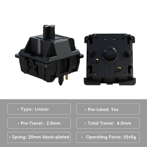 Oil King V2 Pre Lubed 5 Pin Linear Keyboard Switches For Mechanical Keyboards, 90 Pack, black switch close-up
