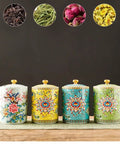 Premium Vintage Enamel Ceramic Tea Storage Jar Airtight Large Capacity Dry Food Canister For Coffee Beans Spices Nuts And Loose Leaf Tea displayed on a wooden surface.