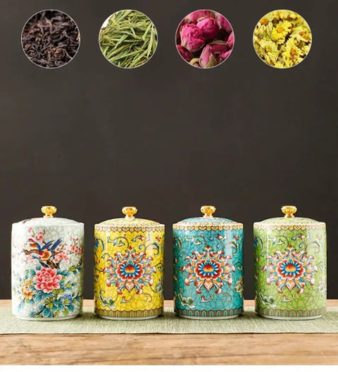Premium Vintage Enamel Ceramic Tea Storage Jar Airtight Large Capacity Dry Food Canister For Coffee Beans Spices Nuts And Loose Leaf Tea displayed on a wooden surface.