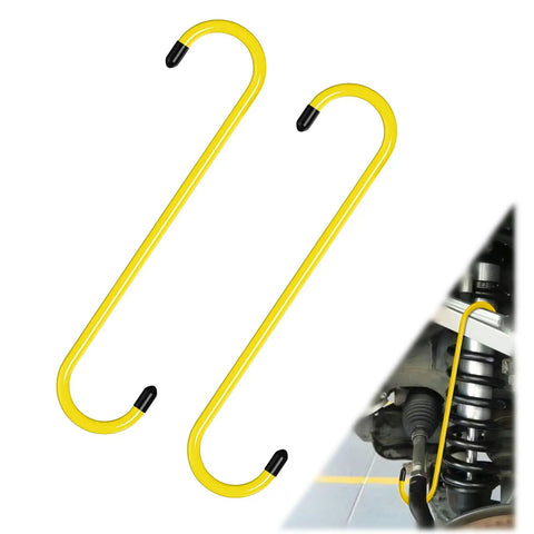 2 Pack Brake Caliper Hanger Tool Set With Rubber Tips Durable Steel Rust Proof Finish 7.87 Inch Long Hangers For Brake Service Axle And Suspension Beefy Pro Grade Auto Repair Kit, shown in yellow with black tips, installed on vehicle.