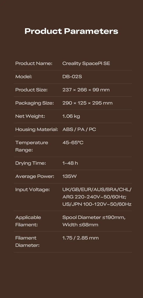 Product parameters for Upgraded SpacePi SE Filament Dryer For 3D Printers, including dimensions, weight, power, and filament details.
