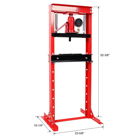 Heavy Duty 12 Ton Hydraulic Shop Press With Built In Pressure Gauge And Toughened Steel Frame, red frame with measurements.