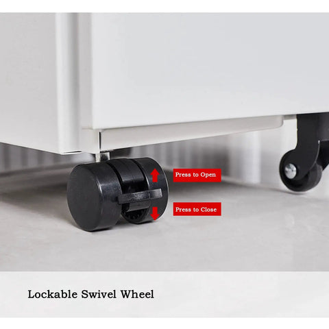 Close-up of a lockable swivel wheel on a Steel Mobile Filing Cabinet With 3 Lockable Drawers Compact Under Desk Storage