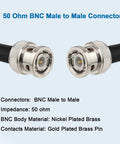 Close-up image of 50 Ohm RG58 BNC Cable 30 Ft BNC Male To BNC Male Coax For Antenna Analyzer with nickel connectors.