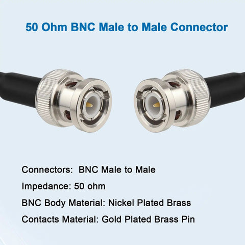 Close-up image of 50 Ohm RG58 BNC Cable 30 Ft BNC Male To BNC Male Coax For Antenna Analyzer with nickel connectors.