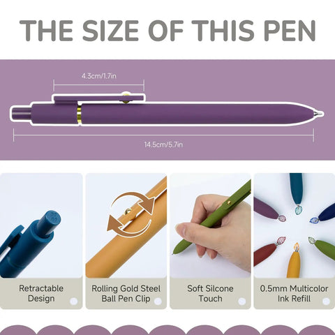Diagram and images of Six Pack Gel Ink Pens With 0.5mm Fine Point, featuring size and design details of Vintage Gold 6 Pack.