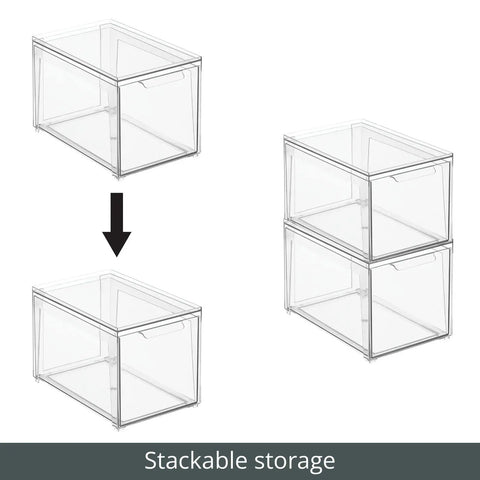 Stackable Closet Storage Bins With Pull Out Drawers Clear Plastic Shoes And Small Item Organizer For Cabinets Desks Shelves And Dressers Lumiere Collection Space Saver 2 Pack shown stacked together.