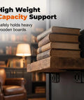 Beefed-Up Heavy-Duty Stainless Steel Corner Brackets supporting wooden shelf with stacked books, white finish.
