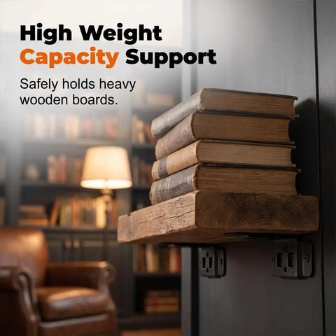 Beefed-Up Heavy-Duty Stainless Steel Corner Brackets supporting wooden shelf with stacked books, white finish.