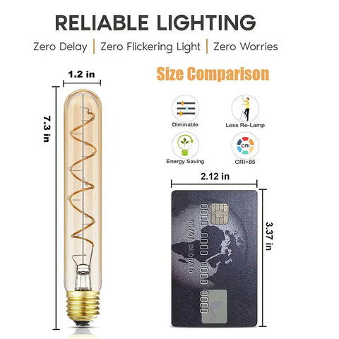 Cozy Amber Glow T10 LED Filament Bulbs 2200K Warm White 7.3 Inch Long Tubular E26 Base 40W Equivalent size comparison