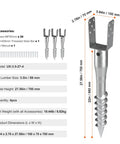 Heavy Duty Ground Screws For Fence And Mailbox Posts 4 Pack With Included Lag Bolts Solid Steel no dig anchors, dimensions shown.