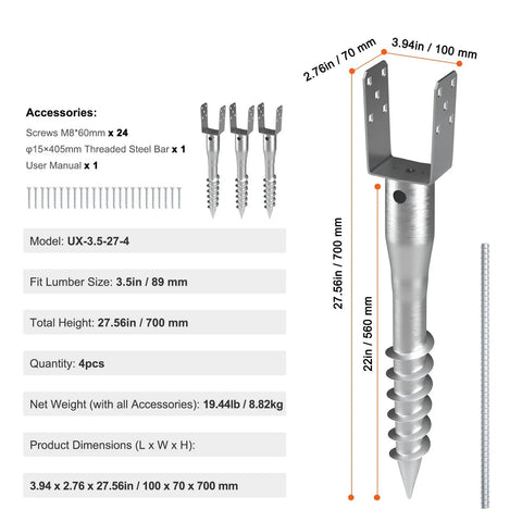 Heavy Duty Ground Screws For Fence And Mailbox Posts 4 Pack With Included Lag Bolts Solid Steel no dig anchors, dimensions shown.