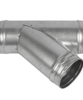 Beefy 4 Inch Duct Splitter With 45 Degree Branch, 4x4x4 Spiral Wye Connector For Exhaust Fans And Dryer Vents shown from front angle