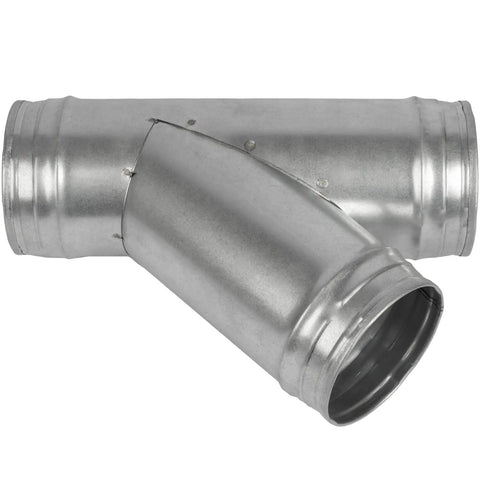 Beefy 4 Inch Duct Splitter With 45 Degree Branch, 4x4x4 Spiral Wye Connector For Exhaust Fans And Dryer Vents shown from front angle