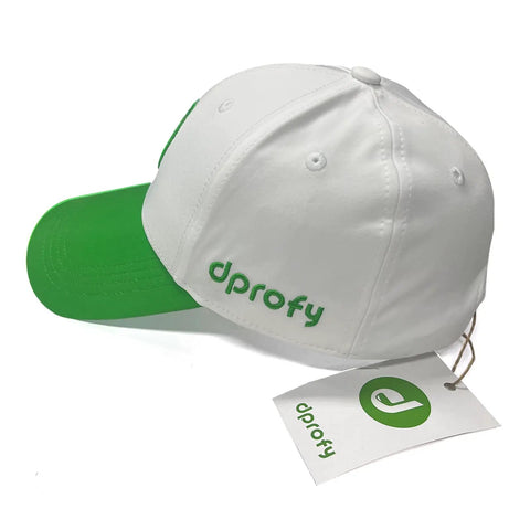 Adjustable Golf Hat for Men and Women, Performance Polyester Cap with Breathable Comfort, white with green brim and logo