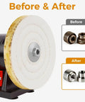 8 Inch Heavy Duty Cotton Buffing Wheels 2 Pack 50 Ply For Bench Grinders showing rusted metal before and polished metal after.