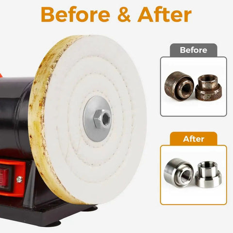8 Inch Heavy Duty Cotton Buffing Wheels 2 Pack 50 Ply For Bench Grinders showing rusted metal before and polished metal after.
