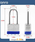 Built Tough Keyed Alike Laminated Steel Padlocks, 1-9/16 Inch Wide Body, Long Shackle, Blue Plastic Hoop, Pack Of 12