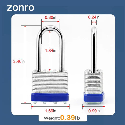 Built Tough Keyed Alike Laminated Steel Padlocks, 1-9/16 Inch Wide Body, Long Shackle, Blue Plastic Hoop, Pack Of 12